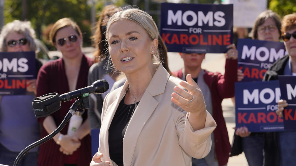 FILE - New Hampshire Republican 1st Congressional District candidate Karoline Leavitt at a campaign event, Sept. 29, 2022, in Manchester, N.H. The House GOP's Class of 2022 midterm candidates includes a distinct group — a new generation of political outsiders, populists and some extremists. They would bring an untested and potentially unruly majority if Republicans win the House in the Nov. 8 election. (AP Photo/Charles Krupa, File)