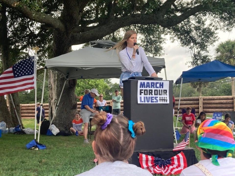 Sadie Burleson, a Jacksonville high school student, reads a poem she wrote when she was 13 in honor of the victims of the 2018 shooting at Marjory Stoneman Douglas High School in Parkland, during March for Our Lives at the Castillo de San Marcos Saturday, June 11, 2022.