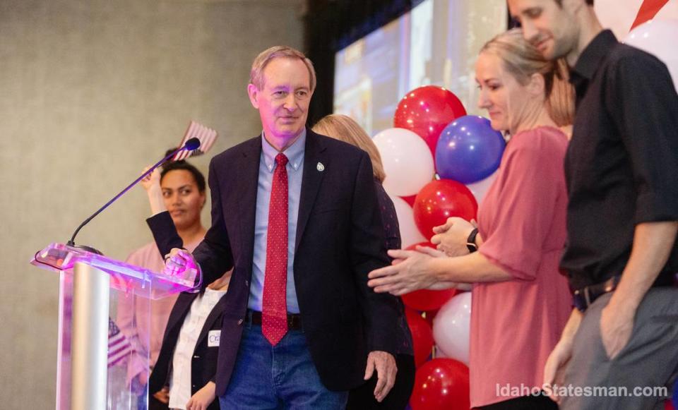 Republican Senator Mike Crapo gives an acceptance speech in 2022 during a watch party for Idaho Republican candidates at the Grove Hotel in Boise after the race called by The Associated Press.