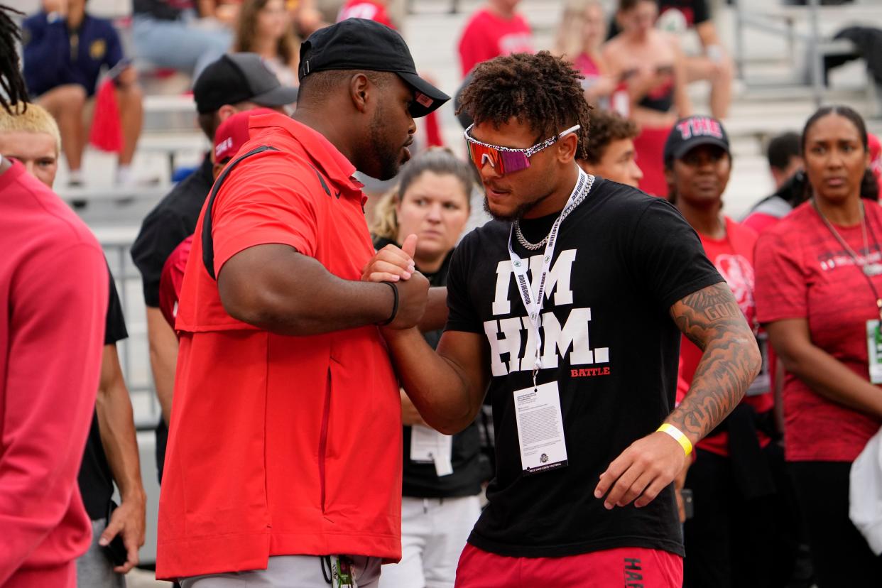 Sep 3, 2022; Columbus, Ohio, USA;  Ohio State football recruit WR Brandon Inniss walks on the field prior to the NCAA football game between the Ohio State Buckeyes and Notre Dame Fighting Irish at Ohio Stadium. Mandatory Credit: Adam Cairns-USA TODAY Sports