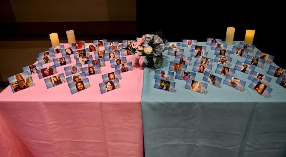 Photos of those from the transgender community who lost their lives this year are displayed during the Transgender Day of Remembrance Vigil in the HUB on Tuesday, Nov. 14, 2023. Abby Drey/adrey@centredaily.com