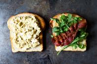 <div class="caption-credit"> Photo by: James Ransom</div><div class="caption-title">Bacon and Egg Salad Sandwich with Dukkah and Peppery Greens</div><i><b><a rel="nofollow noopener" href="http://food52.com/recipes/12681-bacon-and-egg-salad-sandwich-with-dukkah-and-peppery-greens" target="_blank" data-ylk="slk:Get the recipe on Food52;elm:context_link;itc:0;sec:content-canvas" class="link ">Get the recipe on Food52</a></b>. <br></i> <br> My favorite summer sandwich, the classic egg salad, just got a whole lot better. A few months ago, I discovered the most marvelous spice, seed and nut blend, called "dukkah," as well as the excellent recommendation to eat it with eggs. I've been hooked, and I mean really hooked, ever since. This recipe is for a basic egg salad, which I make using my homemade garlic and mustard aioli. A fat pinch of dukkah and a small handful of peppery watercress or arugula utterly transform it. - AntoniaJames