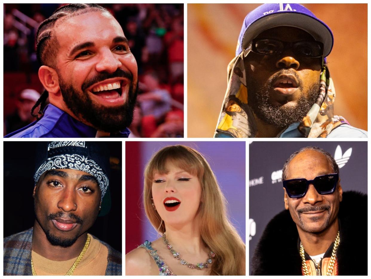 A photo collage of Drake, Kendrick Lamar, Tupac Shakur, Taylor Swift, and Snoop Dogg