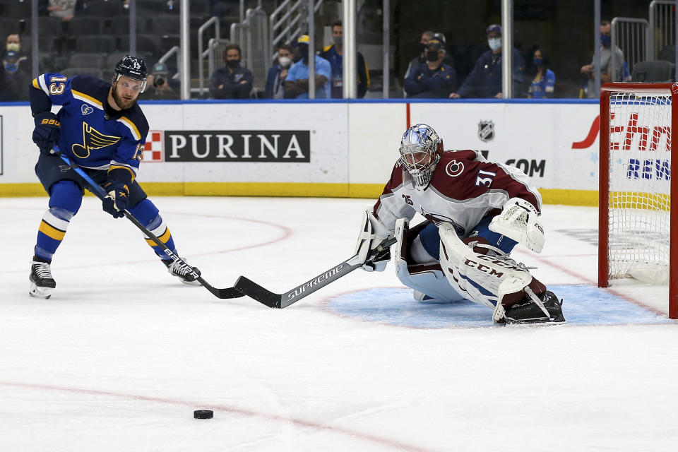 Colorado Avalanche goaltender Philipp Grubauer (31) defends the goal as Colorado Avalanche's Valeri Nichushkin (13) watches during the second period in Game 3 of an NHL hockey Stanley Cup first-round playoff series Friday, May 21, 2021, in St. Louis. (AP Photo/Scott Kane)