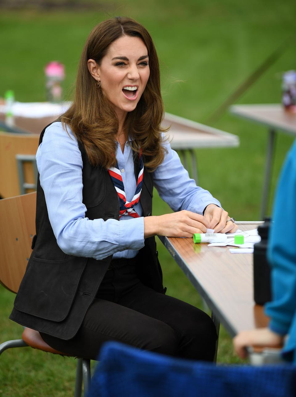 Britain's Catherine, Duchess of Cambridge talks with members of the Beavers as she visits a Scout Group in Northolt, northwest London on September 29, 2020, where she joined Cub and Beaver Scouts in outdoor activities. - The Duchess learned how the Scouts have adapted during the COVID-19 pandemic, and continued Scouting sessions and online activities. (Photo by Daniel LEAL-OLIVAS / various sources / AFP) (Photo by DANIEL LEAL-OLIVAS/AFP via Getty Images)