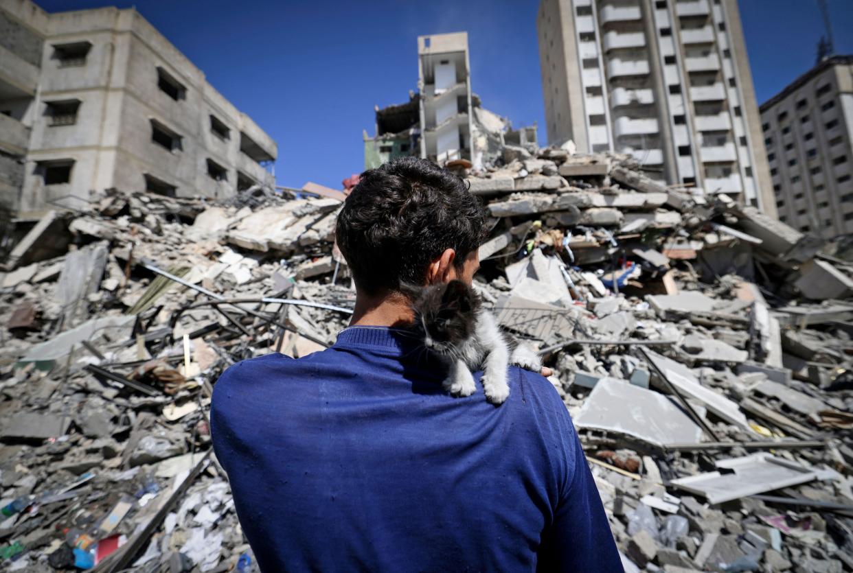 Ahmed Mosabeh, a 28-year-old Palestinian with special needs, holds one of several rescue kitten he cares for next to a destroyed building. He had evacuated his home earlier to a safer area due to Israeli air raids Tuesday in Gaza City. (Photo: MAHMUD HAMS/AFP via Getty Images)