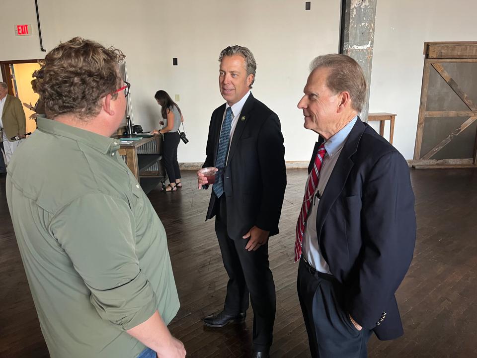 (Center) U.S. Rep. Andy Ogles, R-Tennessee, converses with (left) Maury County Commissioner Gabe Howard and (right) Sen. Joey Hensley, R-Hohenwald, at the Maury County Chamber & Economic Alliance talk on Tuesday, Aug. 15, 2023.(Center)