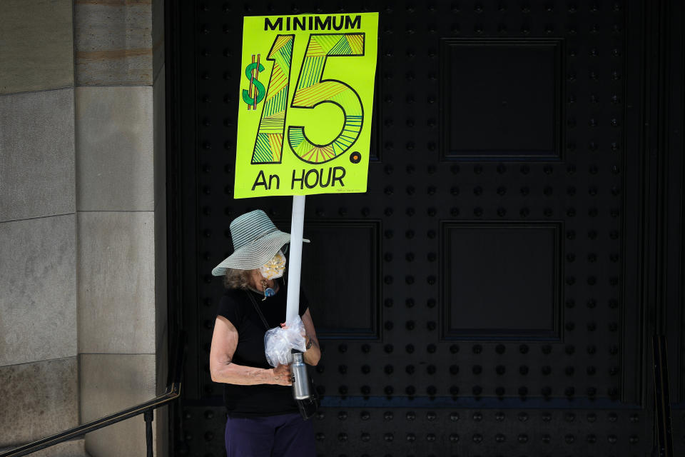 NEW YORK, USA - JULY 20: A group of BLM demonstrators protest the Federal Reserve Bank about $15 minimum wage in NYC to solidarity nationwide in Lower Manhattan at the financial district in New York, United States on July 20, 2020. (Photo by Tayfun Coskun/Anadolu Agency via Getty Images)