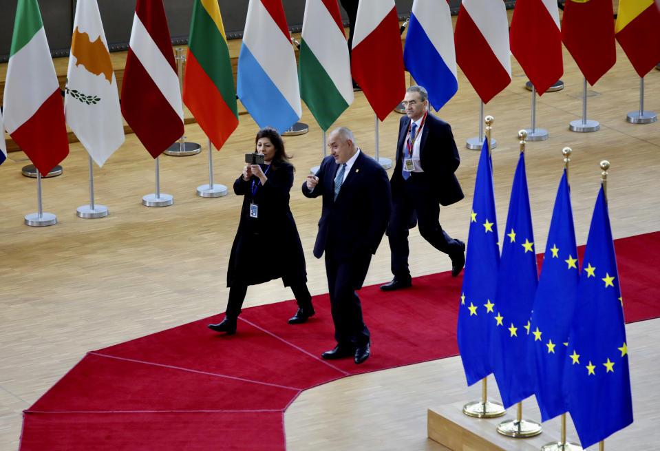 Bulgarian Prime Minister Boyko Borissov arrives for an EU summit at the European Council building in Brussels, Friday, Feb. 21, 2020. In a second day of meetings EU leaders will continue to discuss the bloc's budget to work out Europe's spending plans for the next seven years. (AP Photo/Olivier Matthys)