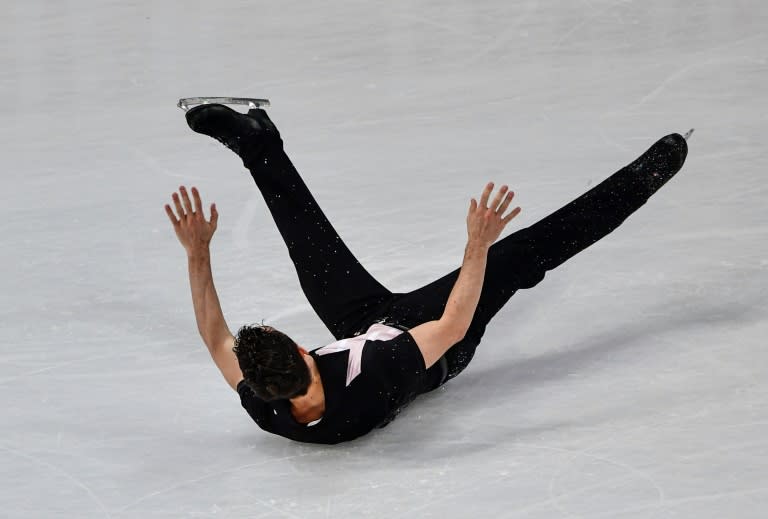 Spain's Javier Fernandez falls during the men's free skating event, to finish fourth, at the ISU World Figure Skating Championships in Helsinki, on April 1, 2017