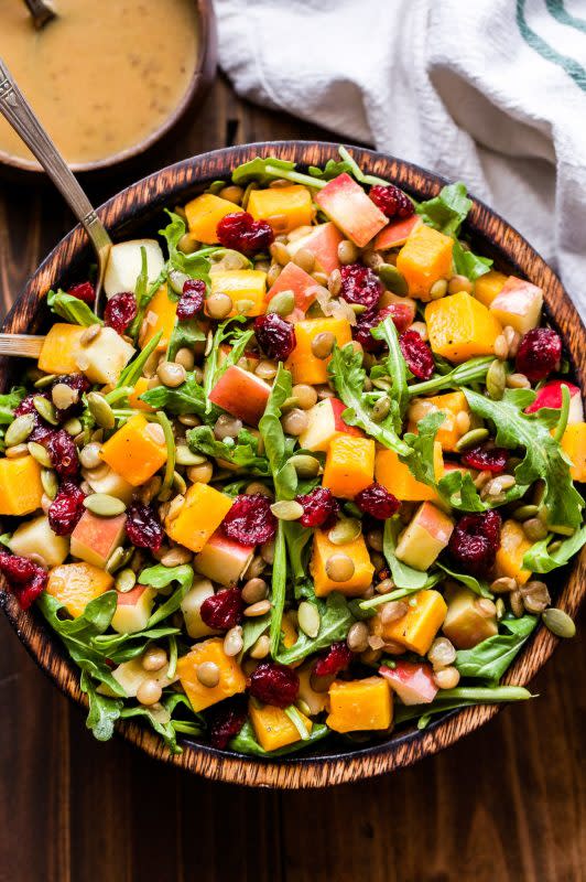 <p>Recipe Runner</p><p>Tossed in a sweet cider vinaigrette, this harvest butternut squash lentil salad is a healthy and delicious salad that works as a side dish or meatless main dish.</p><p><strong>Get the recipe: <a href="https://reciperunner.com/harvest-butternut-squash-lentil-salad/" rel="nofollow noopener" target="_blank" data-ylk="slk:Harvest Butternut Squash Lentil Salad;elm:context_link;itc:0;sec:content-canvas" class="link ">Harvest Butternut Squash Lentil Salad</a></strong></p>