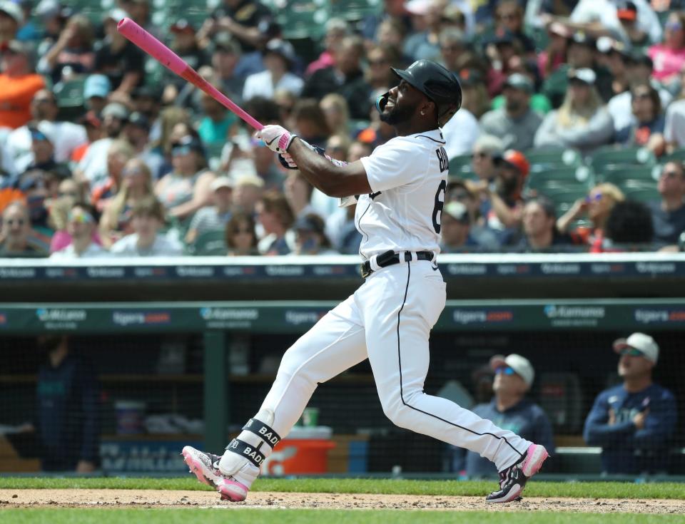 Detroit Tigers left fielder Akil Baddoo bats against Seattle Mariners starting pitcher Logan Gilbert during second-inning action Sunday, May 14, 2023 at Comerica Park in Detroit.