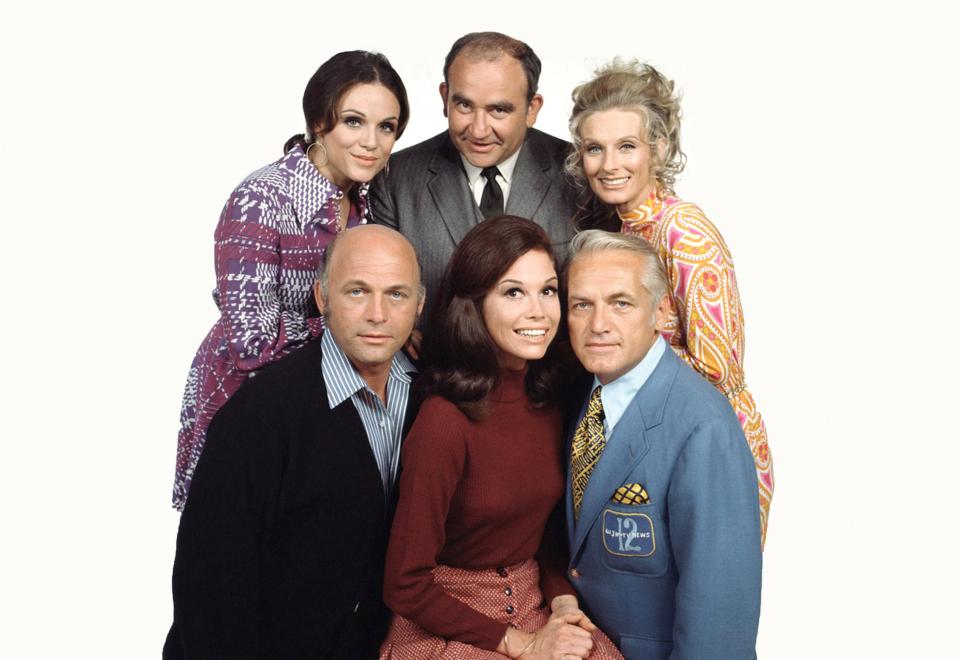 Valerie Harper, Ed Asner, Cloris Leachman; bottom: Gavin MacLeod, Mary Tyler Moore, Ted Knight