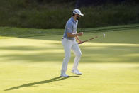 Adam Hadwin, of Canada, reacts after making a putt on the 13th hole during the first round of the U.S. Open golf tournament at The Country Club, Thursday, June 16, 2022, in Brookline, Mass. (AP Photo/Charlie Riedel)