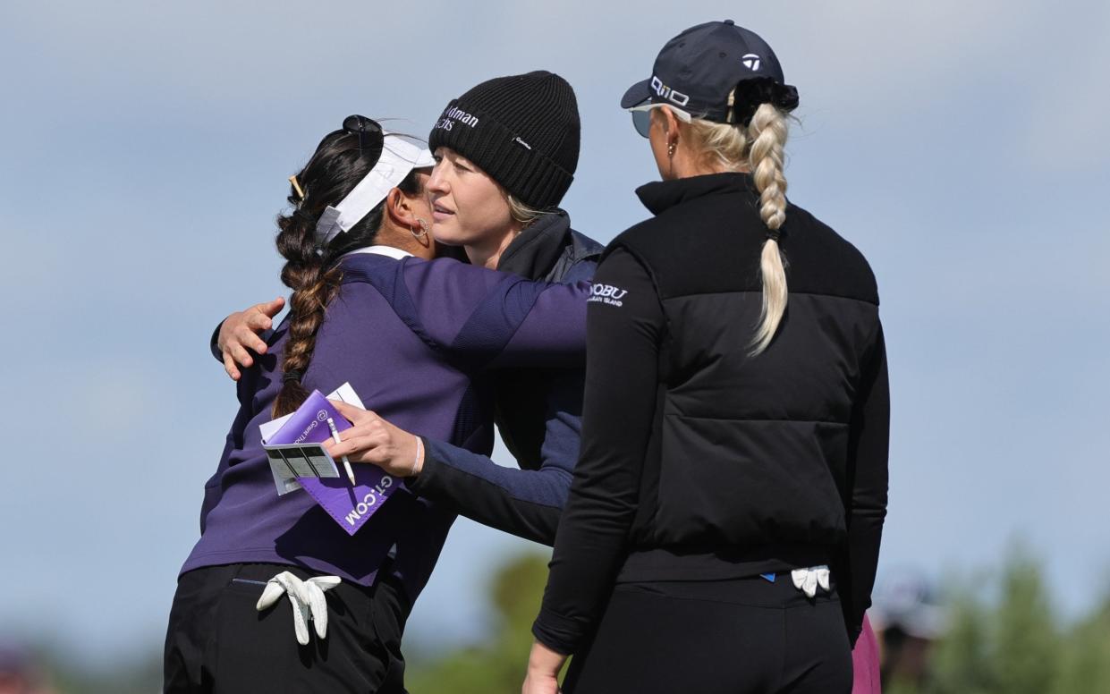 Lilia Vu (left), Korda and England's Charley Hull after the second round of the Women's Open at St Andrews