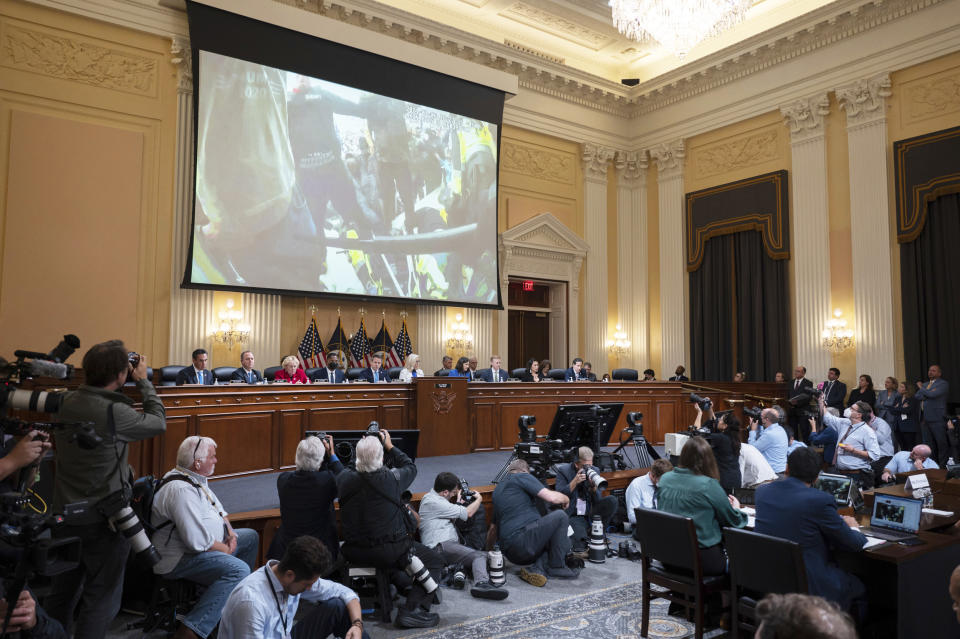 Footage is played during a House select committee hearing on the January 6 insurrection (Craig Hudson / Sipa via AP file)