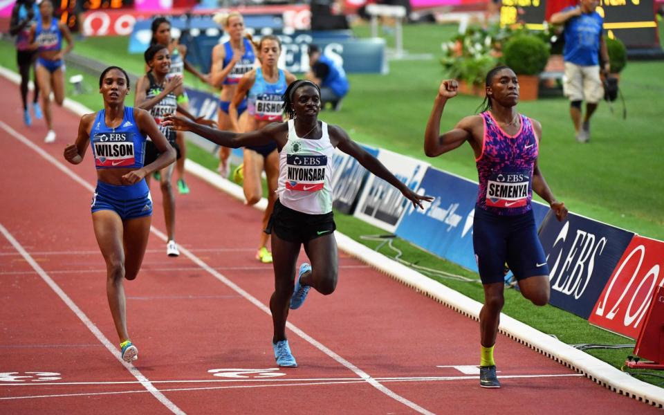 Winner South Africa's Caster Semenya (R), runs ahead of second-placed Burundi's Francine Niyonsaba (C) and third-placed US Ajee Wilson (L) during the women's 800m event - Credit: AFP