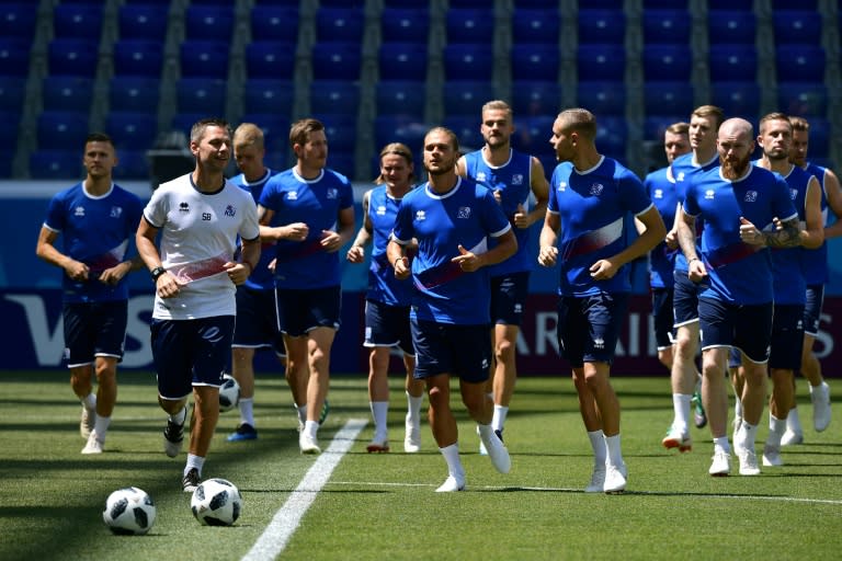 Iceland's players take part in a training session in Volgograd on June 21, on the eve of their Russia 2018 World Cup Group D match against Nigeria