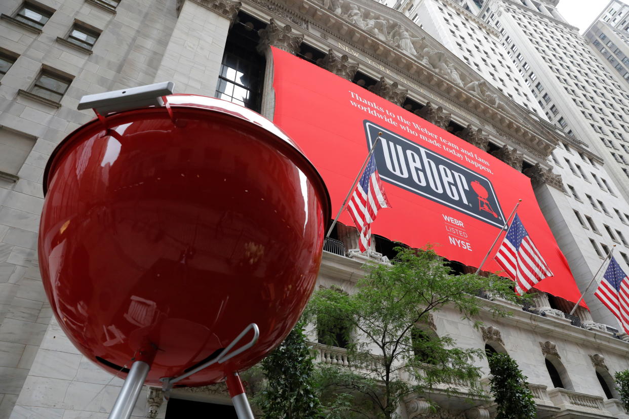 A Weber grill is seen outside the New York Stock Exchange (NYSE) ahead of the Weber Inc. initial public offering (IPO) in Manhattan, New York City, U.S. August 5, 2021. REUTERS/Andrew Kelly