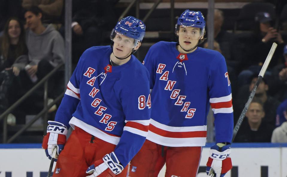 NEW YORK, NEW YORK - FEBRUARY 20: Adam Edstrom #84 and Matt Rempe #73 of the New York Rangers skates against the Dallas Stars during the first period at Madison Square Garden on February 20, 2024 in New York City.