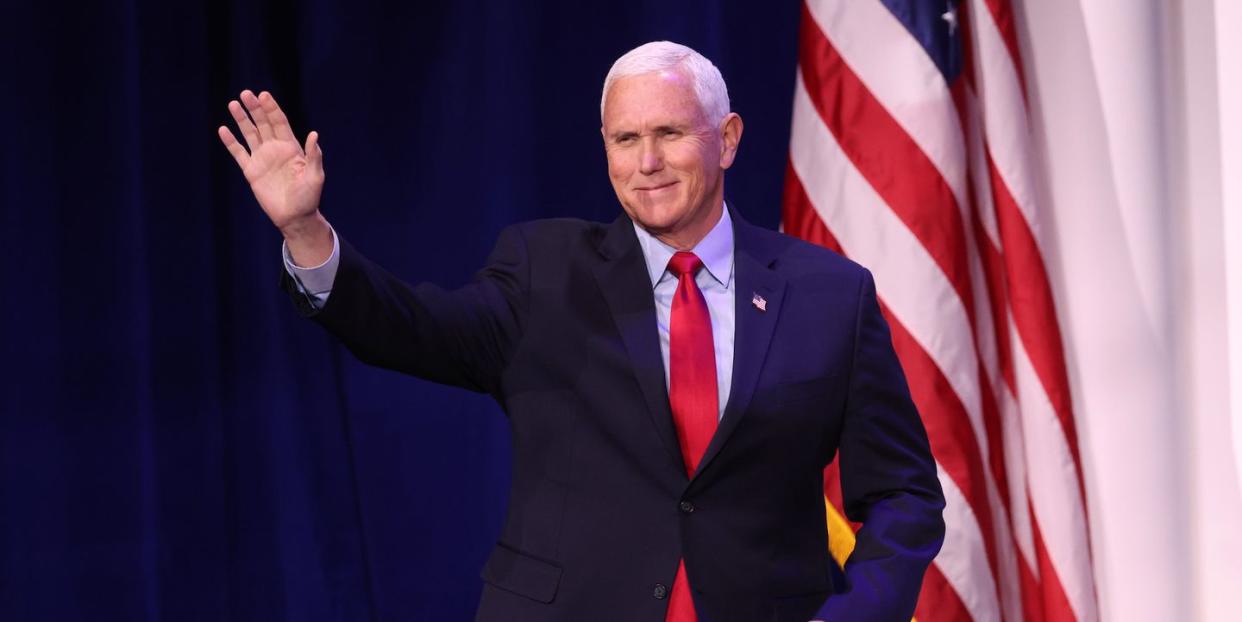 las vegas, nevada november 18 former vice president mike pence speaks to guests at the republican jewish coalition annual leadership meeting on november 18, 2022 in las vegas, nevada the meeting comes on the heels of former president donald trump becoming the first candidate to declare his intention to seek the gop nomination in the 2024 presidential race photo by scott olsongetty images