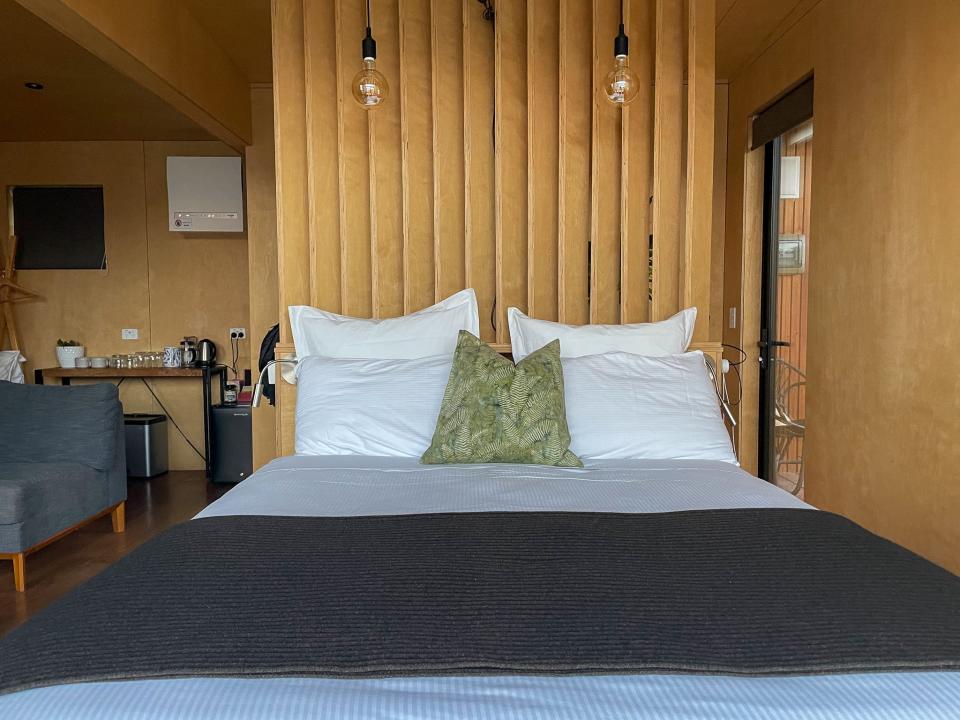 The bed in the tiny home at the Kinloch Wilderness Retreat.