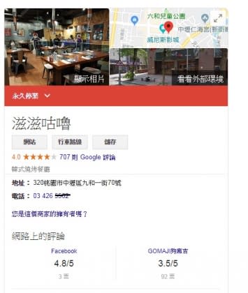 「滋滋咕嚕」韓式燒肉中壢店，在GOOGLE網站上營業時間已掛上「永久停業」。圖／截取自GOOGLE