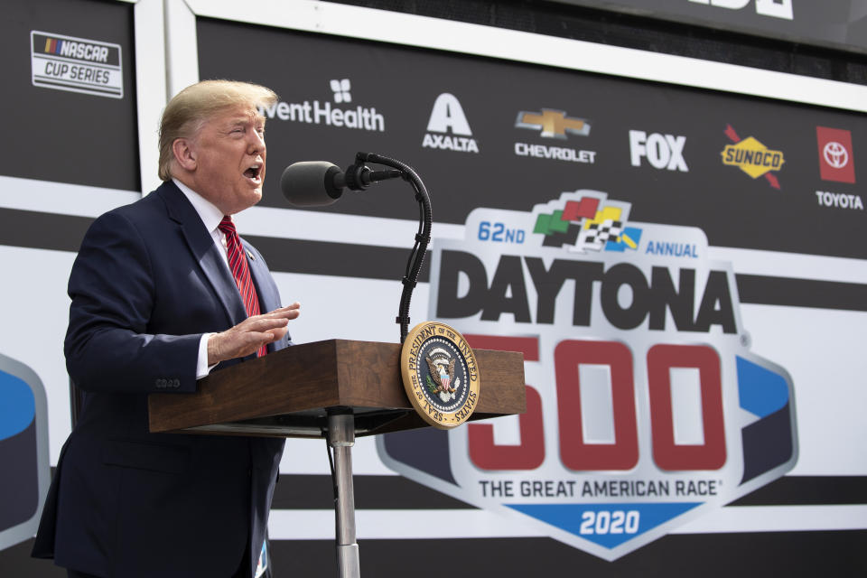 President Donald Trump speaks before the start of the NASCAR Daytona 500 auto race at Daytona International Speedway, Sunday, Feb. 16, 2020, in Daytona Beach, Fla. (AP Photo/Alex Brandon)