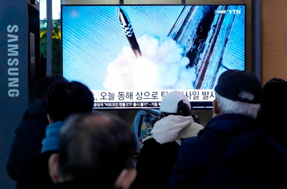 PHOTO: A TV screen shows a file image of North Korea's missile launch during a news program at the Seoul Railway Station in Seoul, South Korea, Sunday, Jan. 14, 2024. (Ahn Young-joon/AP)