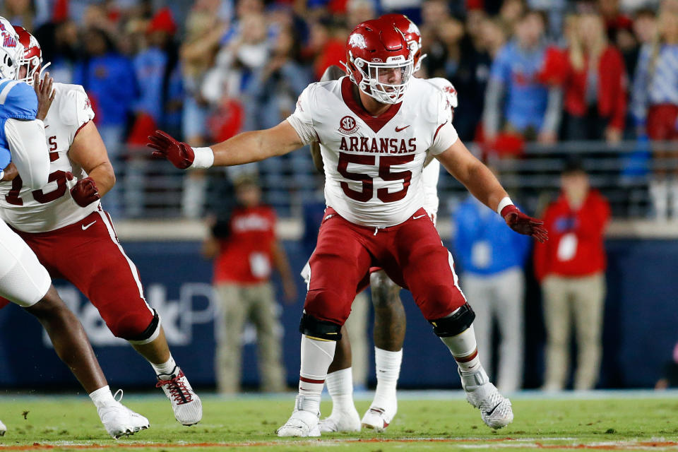 Oct 7, 2023; Oxford, Mississippi, USA; Arkansas Razorbacks offensive linemen Beaux Limmer (55) blocks during the second half against the Mississippi Rebels at Vaught-Hemingway Stadium. Mandatory Credit: Petre Thomas-USA TODAY Sports