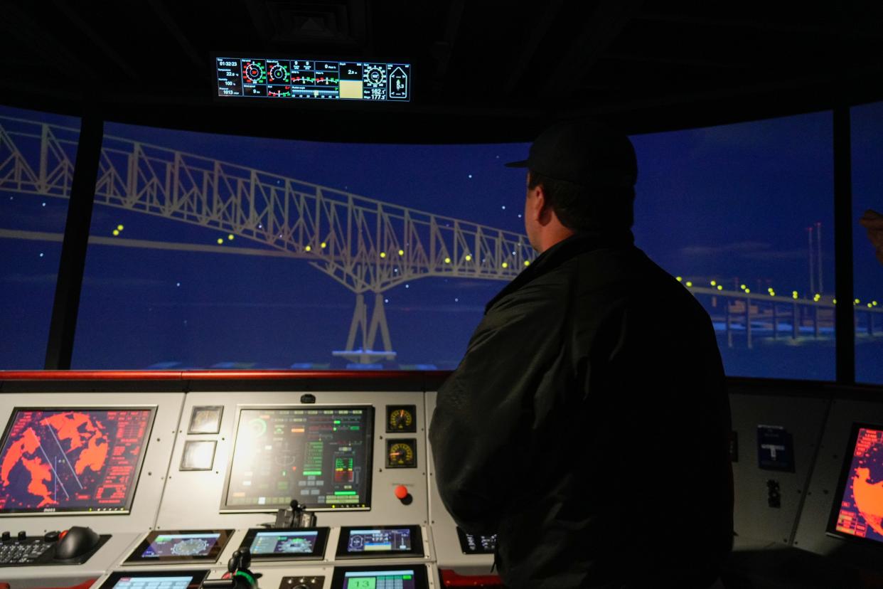 Mitch Mathai, a second-class cadet at California State University Maritime Academy, monitors a screen onboard a simulator. The campus has two 360-degree, full-mission simulators that allow students to practice emergency and routine scenarios in preparation for entering their professions full-time.