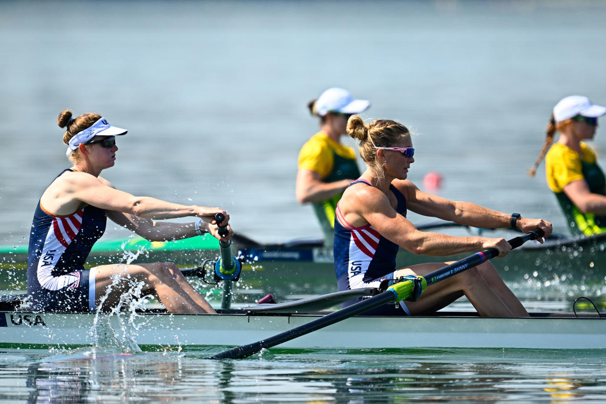 Meghan Musnicki, right, competes with Alison Rusher, left, in the Women's Pair during the second rowing World Cup regatta on Lake Varese in Varese, Italy on June 16, 2023.<span class="copyright">Mattia Ozbot—Getty Images</span>