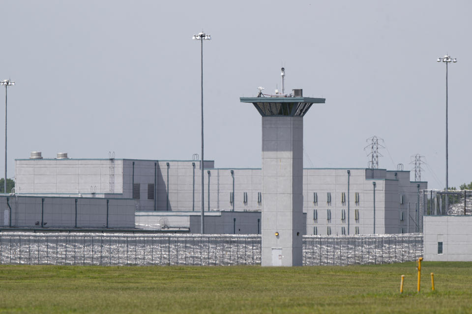 The entrance to the federal prison in Terre Haute, Ind., is seen Wednesday, July 15, 2020. Wesley Ira Purkey, convicted of a gruesome 1998 kidnapping and killing, is scheduled to be executed Wednesday evening at the prison. (AP Photo/Michael Conroy)