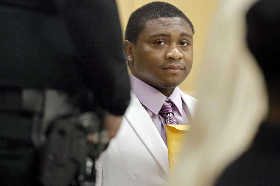 Suspected shooting accomplice Trayvon Newsome is shown at the defense table while he waits to be escorted out of the courtroom as the jury is sent to begin the fourth day of deliberations in the XXXTentacion murder trial at the Broward County Courthouse in Fort Lauderdale on Monday, March 13, 2023. (Amy Beth Bennett/South Florida Sun-Sentinel via AP, Pool)