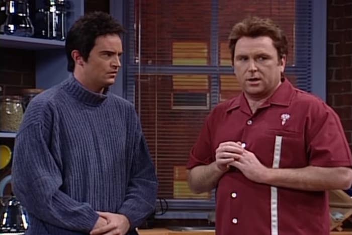 Matthew Perry as Joey and Colin Quinn as Chandler in a parody of "Friends" in "Saturday Night Live"