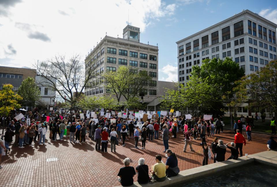 A large crowd of about 500 people attended the Defend Roe! Emergency Rally at the Park Central Square in Downtown Springfield on Friday, May 6, 2022. The protest was held after a draft of a Supreme Court opinion was leaked showing it would overturn the landmark 1973 Roe v. Wade decision.