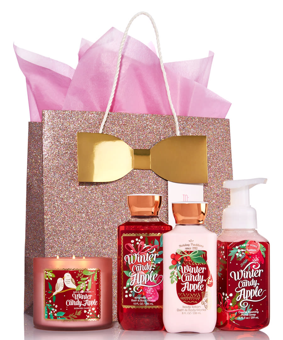 <p>No trip to the mall is complete without stepping into Bath & Body Works. This festive set of products which includes a candle, body lotion, hand soap, and shower gel is better than any regular promo you can grab the rest of the year. </p> <p>$38 | <a rel="nofollow noopener" href="http://www.bathandbodyworks.com/product/index.jsp?productId=104899436" target="_blank" data-ylk="slk:SHOP IT;elm:context_link;itc:0;sec:content-canvas" class="link ">SHOP IT</a></p>