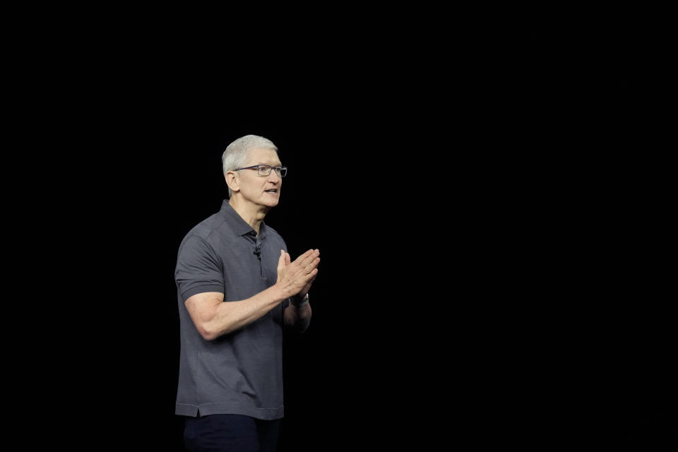 Apple CEO Tim Cook speaks during an announcement of new products on the Apple campus Tuesday, Sept. 12, 2023, in Cupertino, Calif. (AP Photo/Jeff Chiu)