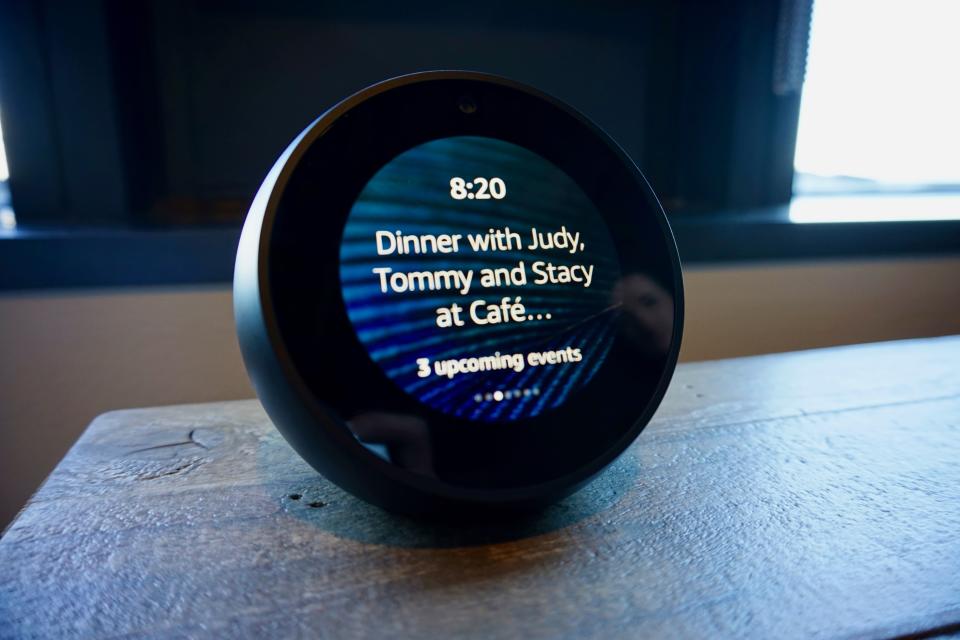 When it arrives later this year, the Echo Spot should do everything its larger Echo Show sibling does, like displaying calendar appointment reminders and video calls. Source: JP Mangalindan/Yahoo Finance