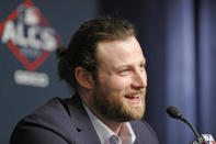 Houston Astros starting pitcher Gerrit Cole talks to the media, Monday, Oct. 14, 2019, at Yankee Stadium in New York, on an off day during the American League Championship Series between the Astros and the New York Yankees. (AP Photo/Kathy Willens)