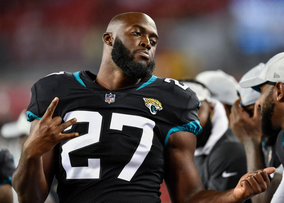 Leonard Fournette left Sunday’s game against the Giants early. (Getty)