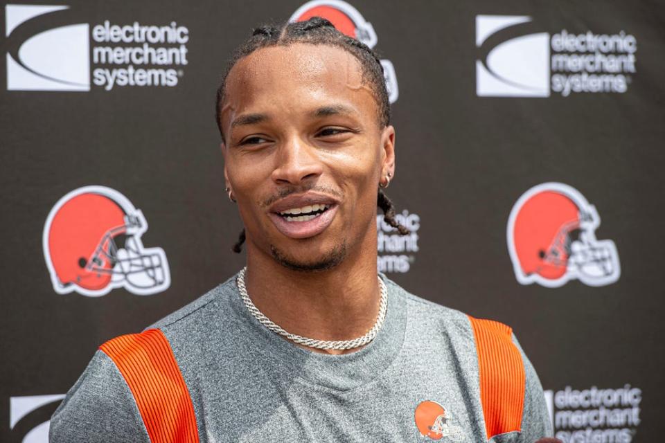 Browns quarterback Dorian Thompson-Robinson speaks to reporters before rookie minicamp in Berea, Friday, May 12, 2023.