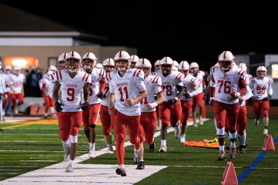 Souderton football players come back to the field after halftime at Perkiomen Valley High School on Thursday, Nov. 10, 2022. The Indians fell to the Vikings 27-14 in the second round of District One playoffs.