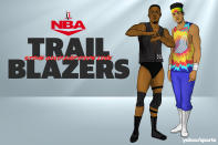 Damian Lillard as Stone Cold Steve Austin and CJ McCollum as Dude Love