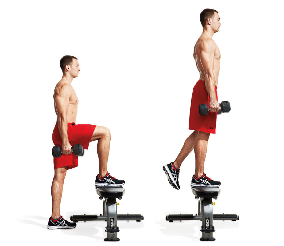 How to Do It:<ol><li>Stand perpendicular to a bench or other elevated surface that'll put your thigh parallel to the floor when you step on it.</li><li>Hold a dumbbell in each hand and step up onto the bench, leaving your trailing leg hanging of. </li><li>Drive through your front heel to stand. Pause briefly, then slowly lower to starting position. That's 1 rep.</li></ol><p><strong>Pro tip: </strong>You can also stand parallel to the bench and perform lateral stepups.</p>