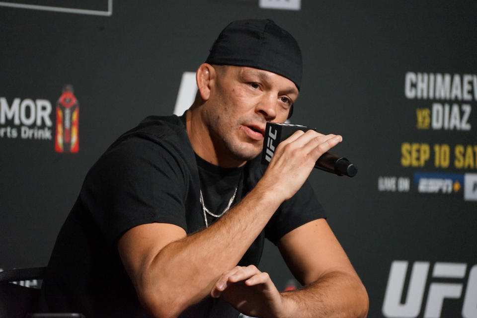 Nate Diaz (pictured) speaks to reporters during UFC 279 media day.