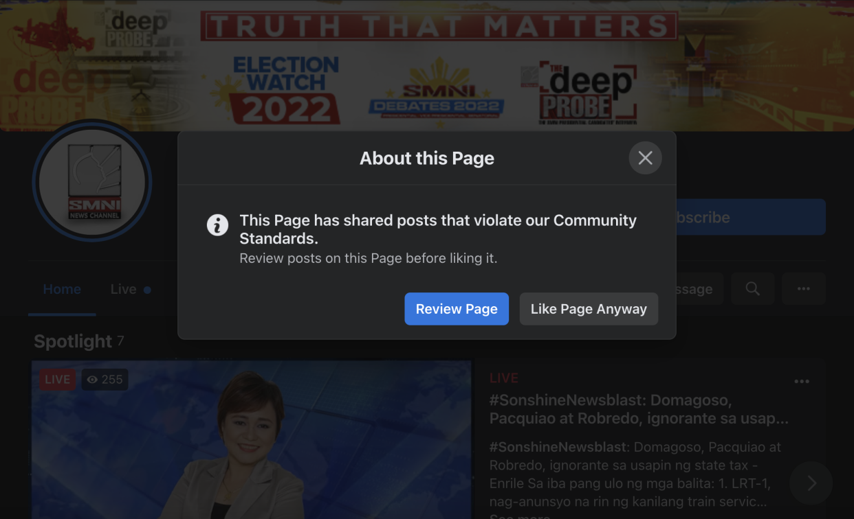 SMNI News, a news outlet owned by Apollo Quiboloy, was flagged by Facebook on April 6, 2022 for violating the social media platform's community standards.