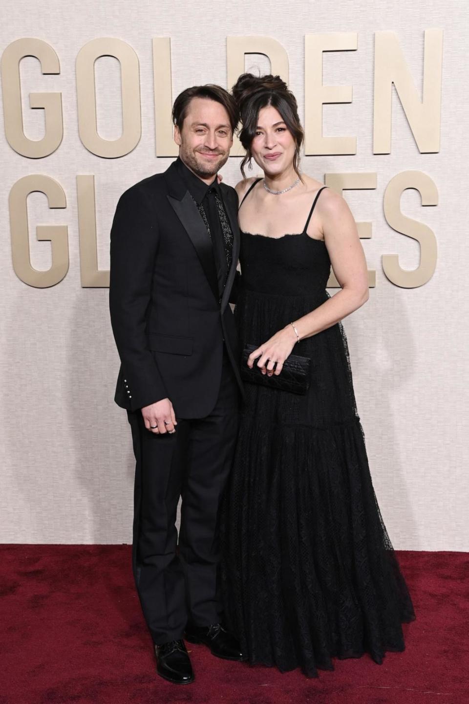 PHOTO: Kieran Culkin Jazz Charton attend the 81st Annual Golden Globe Awards at The Beverly Hilton, Jan. 7, 2024, in Beverly Hills, California.  (Jon Kopaloff/WireImage,)