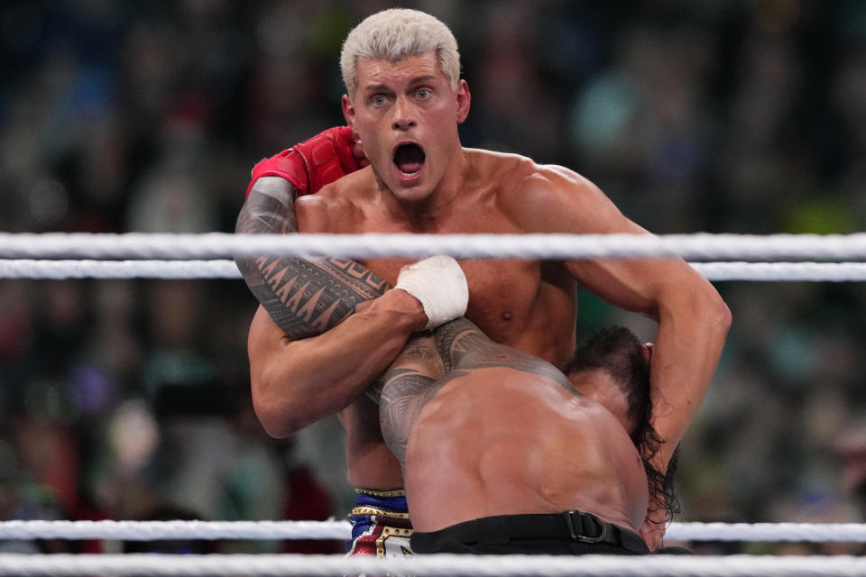 Apr 7, 2024; Philadelphia, PA, USA; 	WWE Universal Championship match between Roman Reigns and Cody Rhodes during Wrestlemania XL Sunday at Lincoln Financial Field. Mandatory Credit: Joe Camporeale-USA TODAY Sports