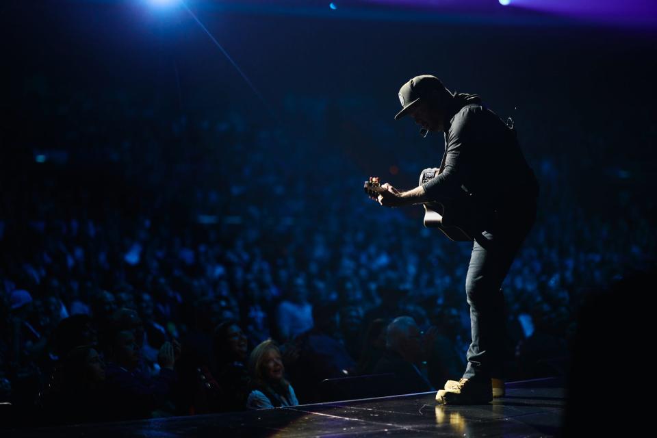 Garth Brooks with an acoustic guitar at the opening night of his Plus ONE residency at The Colosseum at Caesars Palace in Las Vegas on May 18, 2023.